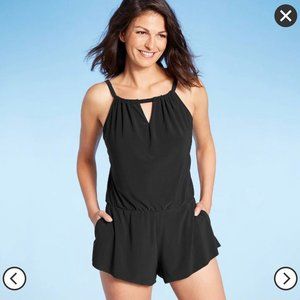 Women's High Neck Swim Romper with Pockets - Aqua